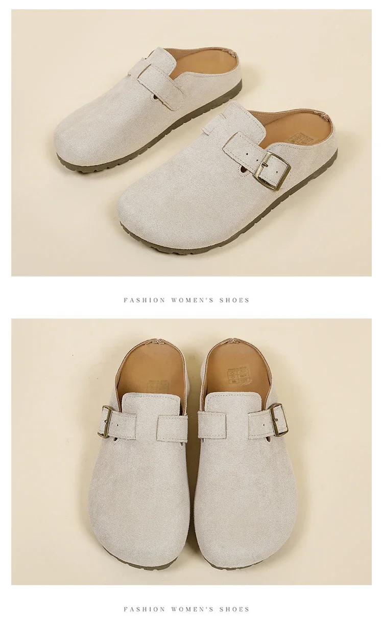 Women's Buckle Mule Slippers Faux Suede Closed Toe Clogs Korean Style Slip‑on Backless Loafers Retro Casual Outdoor Shoes