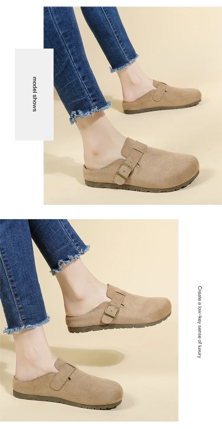 Women's Buckle Mule Slippers Faux Suede Closed Toe Clogs Korean Style Slip‑on Backless Loafers Retro Casual Outdoor Shoes