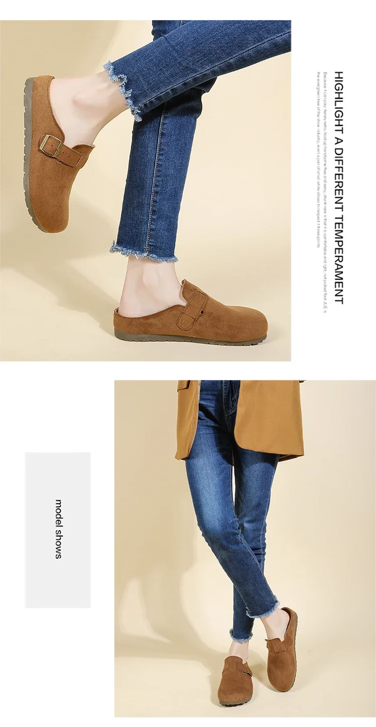 Women's Buckle Mule Slippers Faux Suede Closed Toe Clogs Korean Style Slip‑on Backless Loafers Retro Casual Outdoor Shoes
