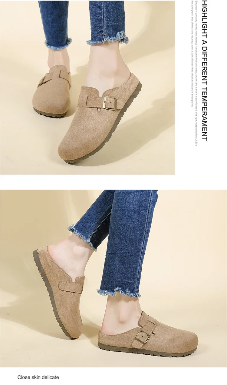 Women's Buckle Mule Slippers Faux Suede Closed Toe Clogs Korean Style Slip‑on Backless Loafers Retro Casual Outdoor Shoes