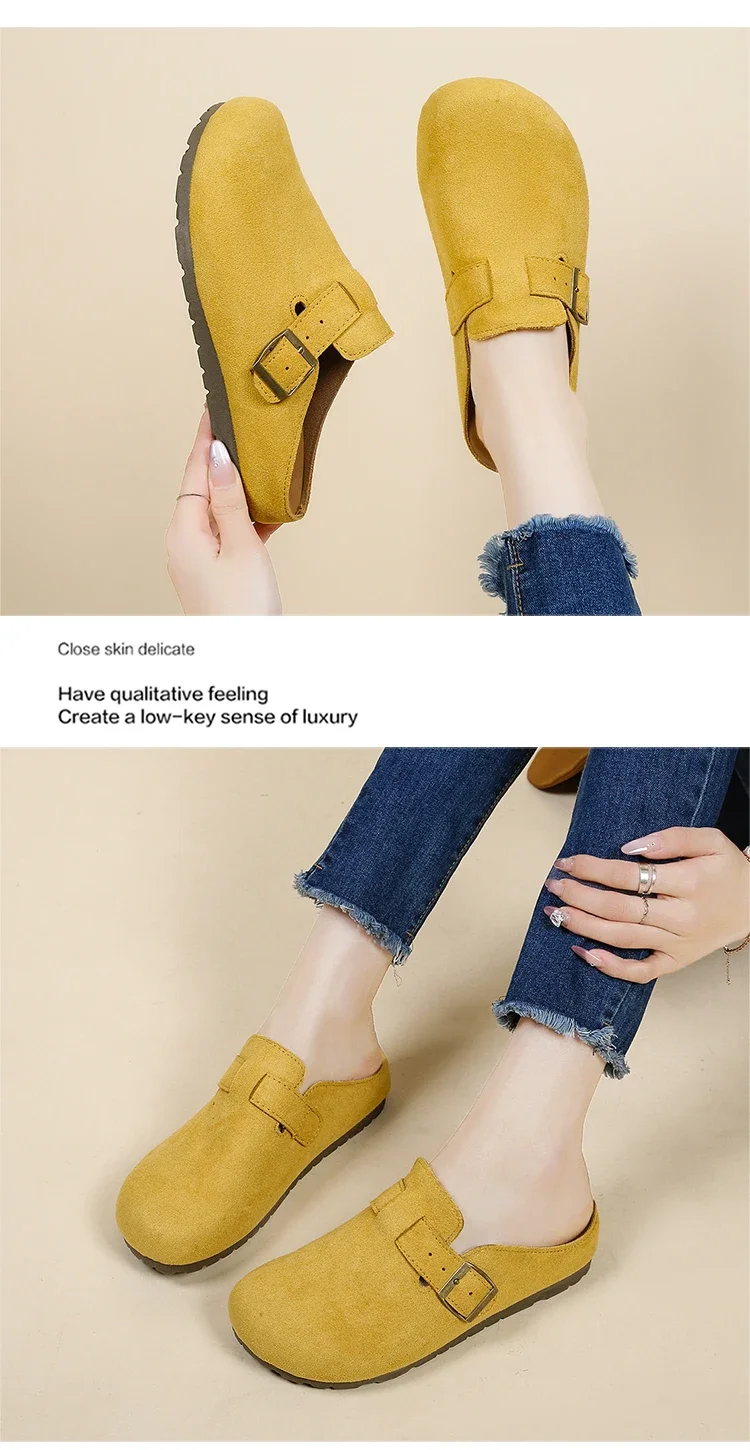 Women's Buckle Mule Slippers Faux Suede Closed Toe Clogs Korean Style Slip‑on Backless Loafers Retro Casual Outdoor Shoes