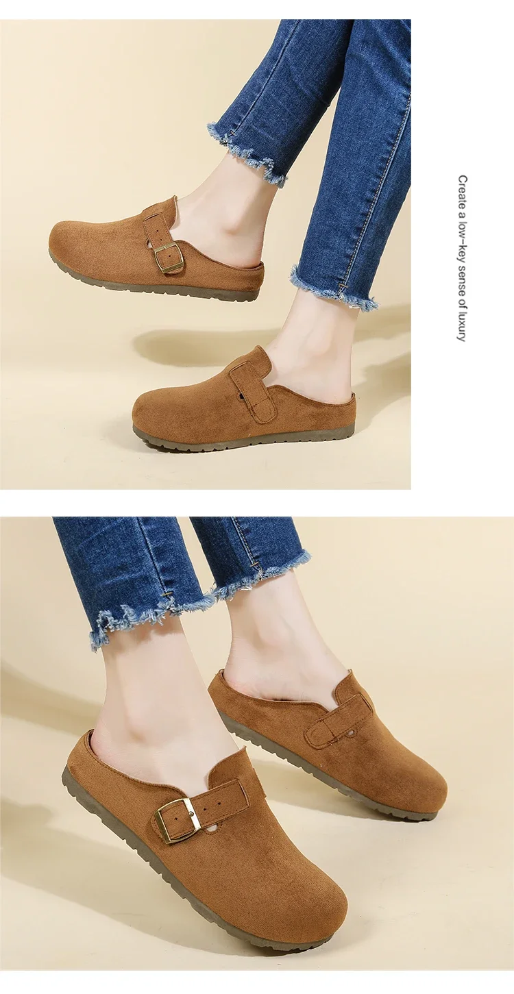 Women's Buckle Mule Slippers Faux Suede Closed Toe Clogs Korean Style Slip‑on Backless Loafers Retro Casual Outdoor Shoes