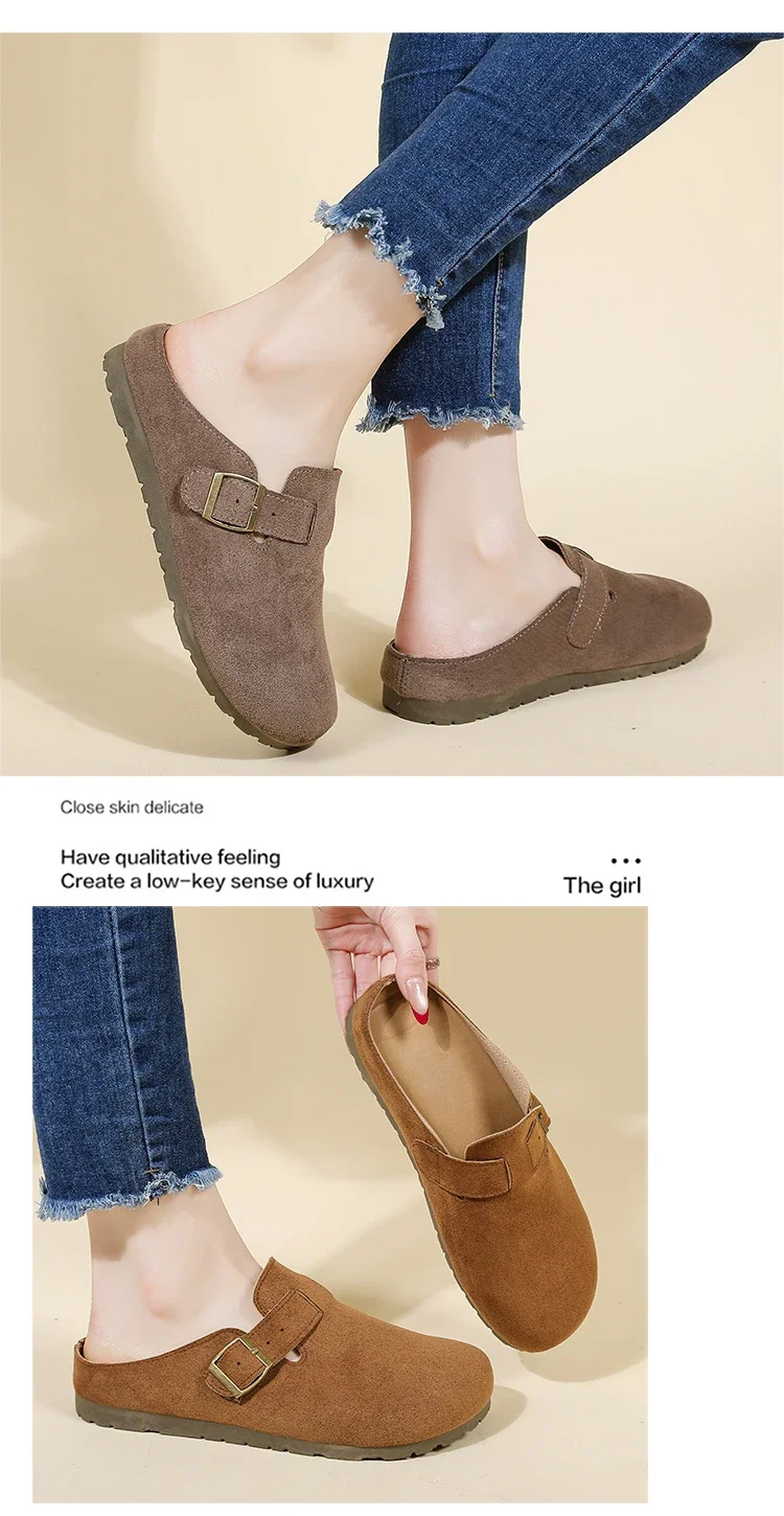 Women's Buckle Mule Slippers Faux Suede Closed Toe Clogs Korean Style Slip‑on Backless Loafers Retro Casual Outdoor Shoes