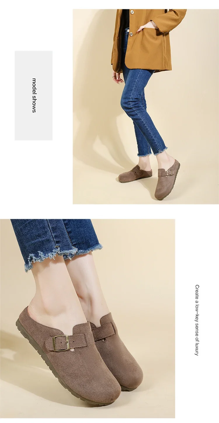 Women's Buckle Mule Slippers Faux Suede Closed Toe Clogs Korean Style Slip‑on Backless Loafers Retro Casual Outdoor Shoes