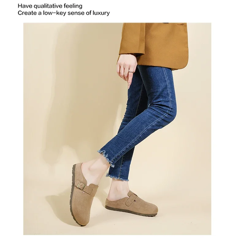Women's Buckle Mule Slippers Faux Suede Closed Toe Clogs Korean Style Slip‑on Backless Loafers Retro Casual Outdoor Shoes