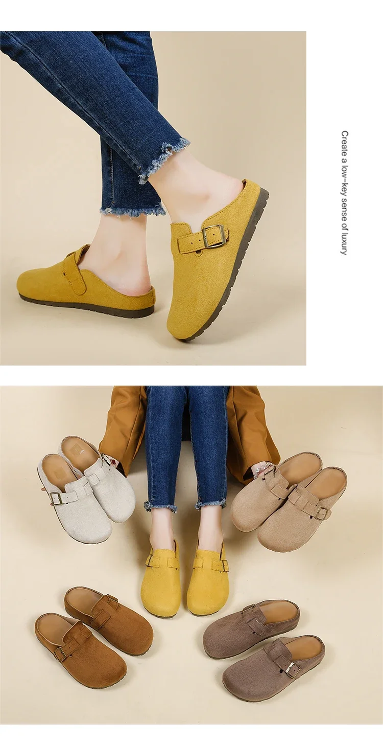 Women's Buckle Mule Slippers Faux Suede Closed Toe Clogs Korean Style Slip‑on Backless Loafers Retro Casual Outdoor Shoes