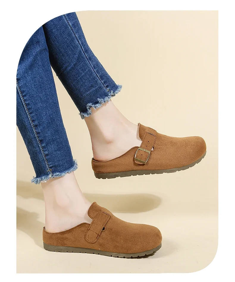 Women's Buckle Mule Slippers Faux Suede Closed Toe Clogs Korean Style Slip‑on Backless Loafers Retro Casual Outdoor Shoes