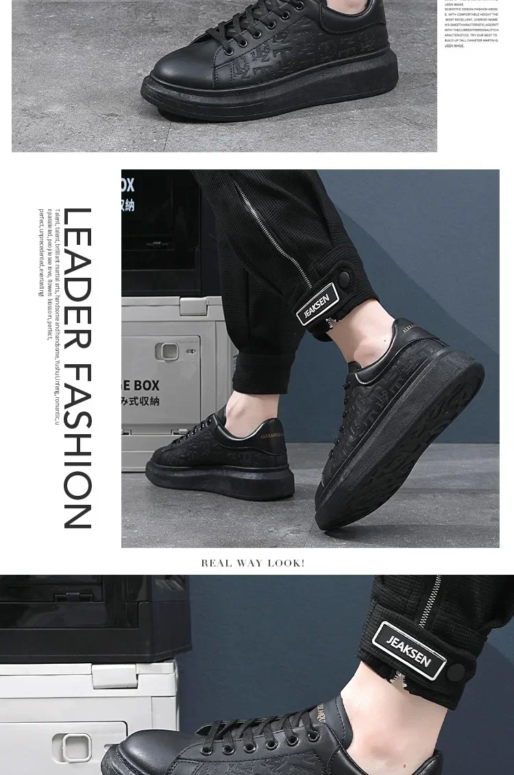 2026 Men's Casual Shoes Spring and Autumn Flat-soled Casual Leather Shoes Sports Shoes Black and White Men's Thick-soled Shoes