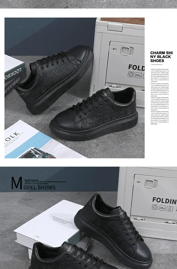 2026 Men's Casual Shoes Spring and Autumn Flat-soled Casual Leather Shoes Sports Shoes Black and White Men's Thick-soled Shoes