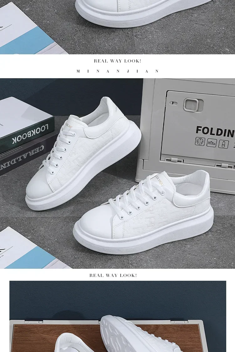 2026 Men's Casual Shoes Spring and Autumn Flat-soled Casual Leather Shoes Sports Shoes Black and White Men's Thick-soled Shoes