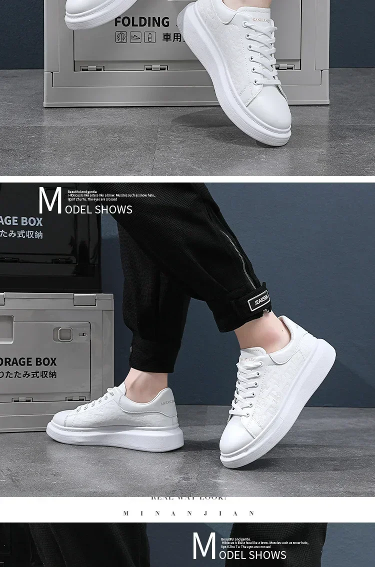 2026 Men's Casual Shoes Spring and Autumn Flat-soled Casual Leather Shoes Sports Shoes Black and White Men's Thick-soled Shoes