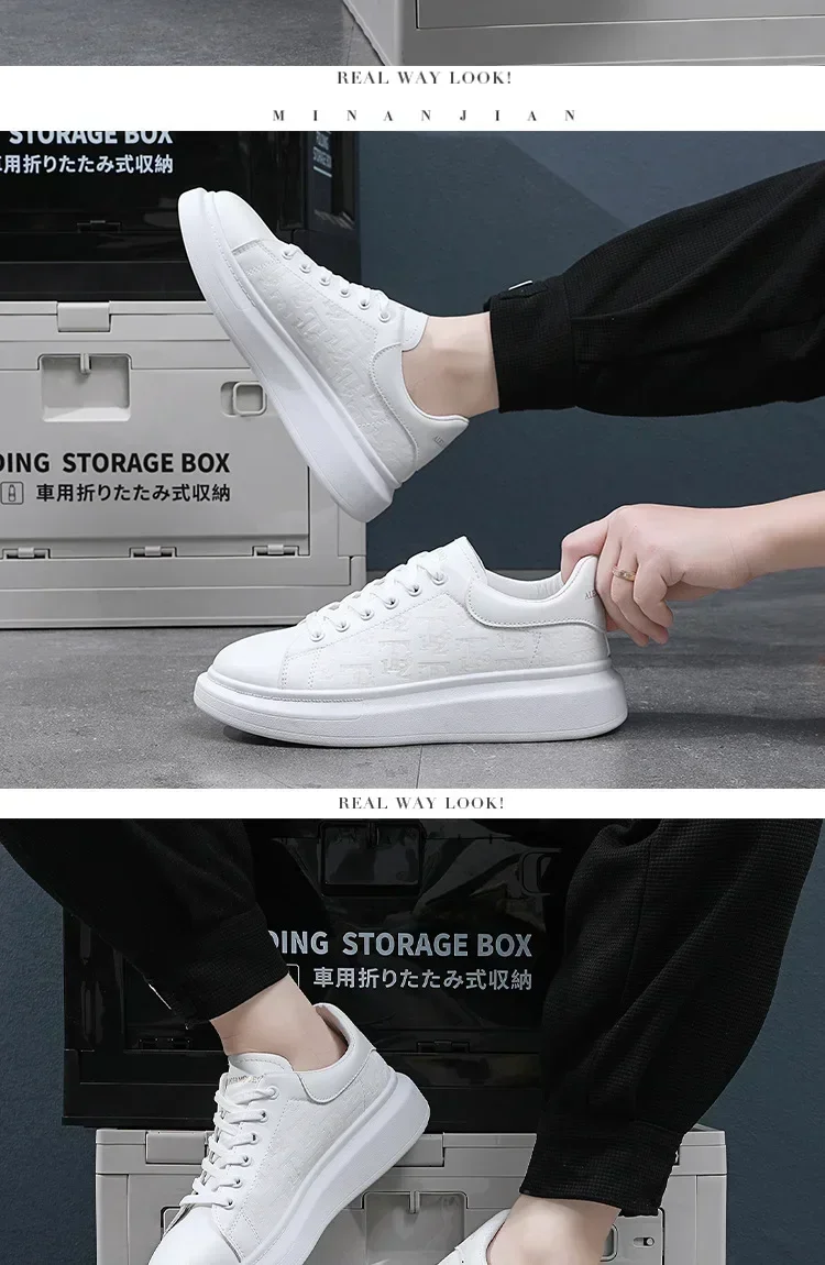 2026 Men's Casual Shoes Spring and Autumn Flat-soled Casual Leather Shoes Sports Shoes Black and White Men's Thick-soled Shoes