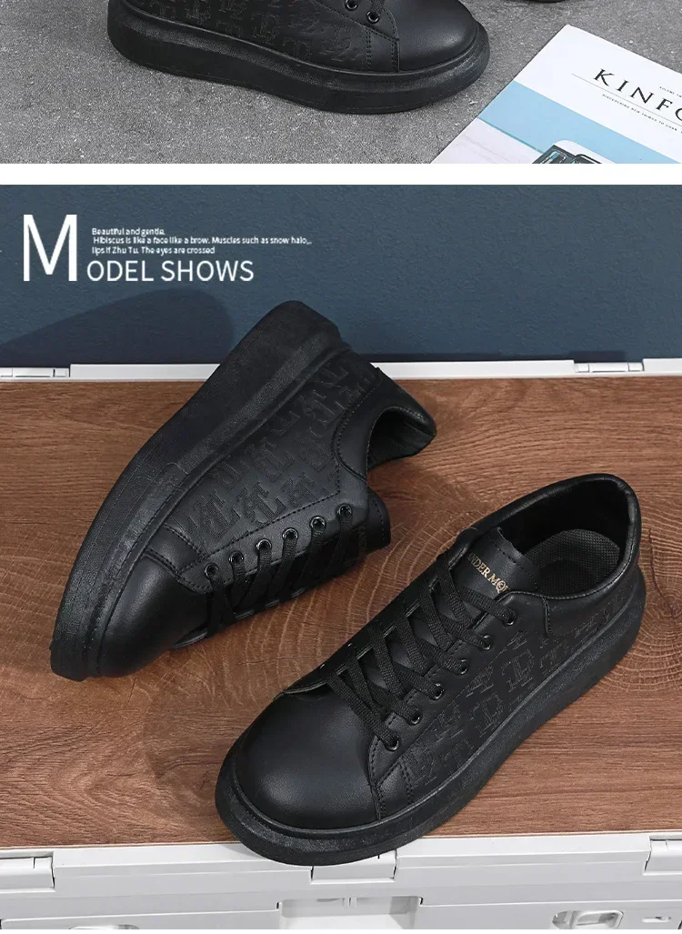 2026 Men's Casual Shoes Spring and Autumn Flat-soled Casual Leather Shoes Sports Shoes Black and White Men's Thick-soled Shoes