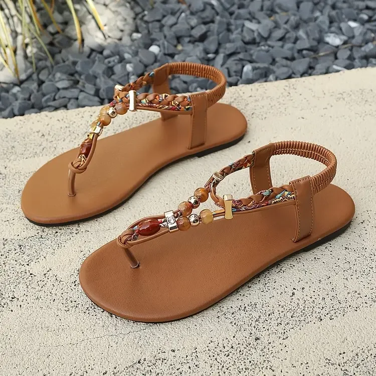 Women Bohemian Beaded Flip Flops Flat Sandals Summer Beach T-strap Clip Toe Casual Ankle Strap Shoes