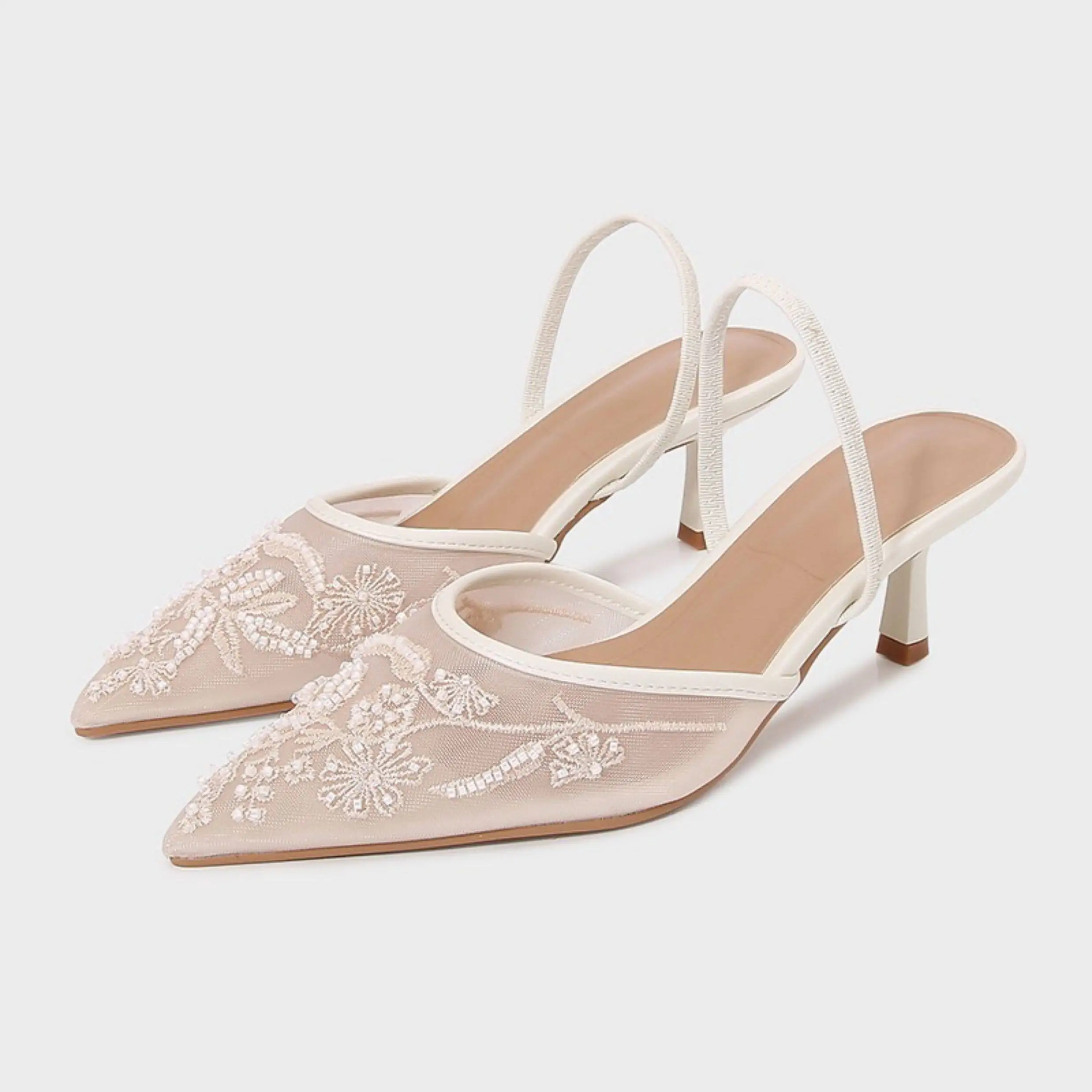 2026 Spring/Summer New Women's Shoes Champagne Chinese Embroidery Mesh Pearl Pointed High Heels Thin Heels Baotou