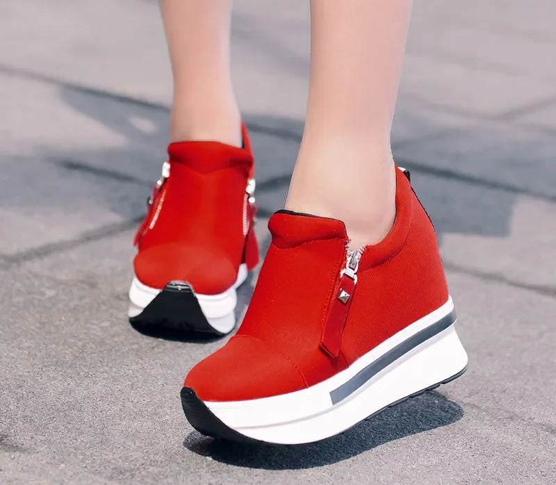 2024 Platform Sneakers Women Red Casual Comfortable Hidden Heel Shoe Black Canvas Shoes Wedge Heels Sneaker Tenis De Mujer