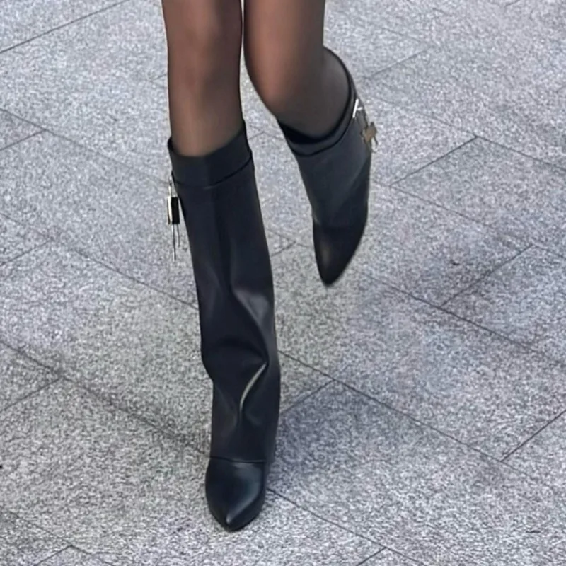 2025 Autumn New Sexy Women Punk High Motorcycle Boots Pointed Designer Straight Slim Banquet Dress Women's Over The Knee Boots