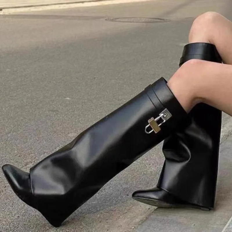 2025 Autumn New Sexy Women Punk High Motorcycle Boots Pointed Designer Straight Slim Banquet Dress Women's Over The Knee Boots