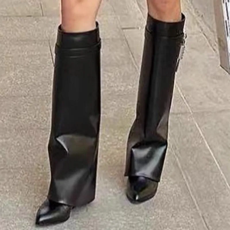 2025 Autumn New Sexy Women Punk High Motorcycle Boots Pointed Designer Straight Slim Banquet Dress Women's Over The Knee Boots