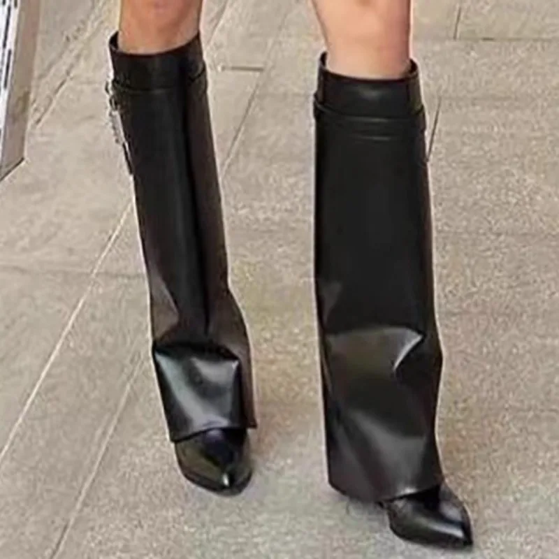 2025 Autumn New Sexy Women Punk High Motorcycle Boots Pointed Designer Straight Slim Banquet Dress Women's Over The Knee Boots