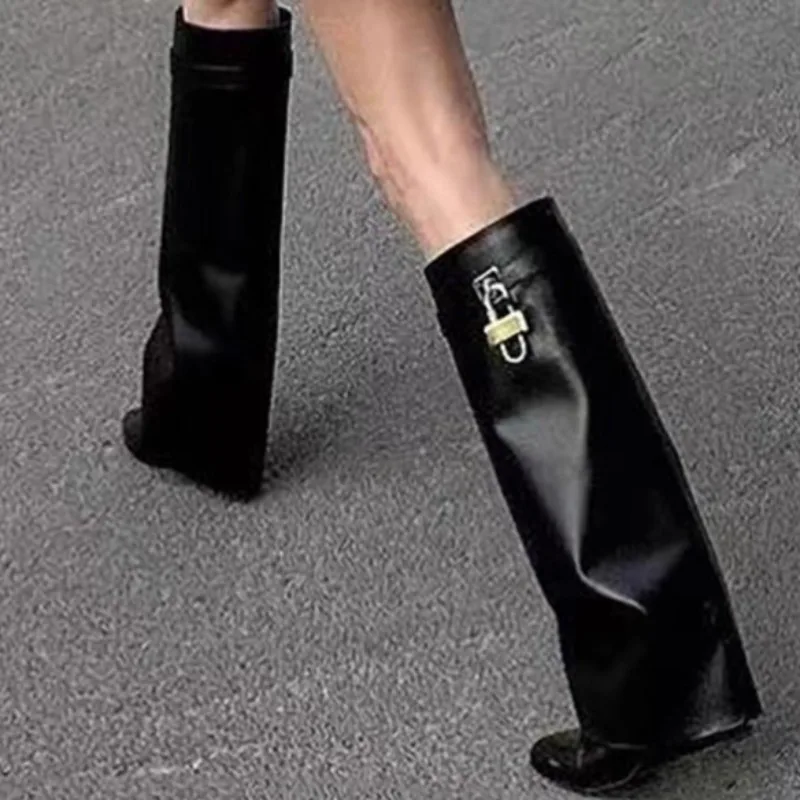 2025 Autumn New Sexy Women Punk High Motorcycle Boots Pointed Designer Straight Slim Banquet Dress Women's Over The Knee Boots