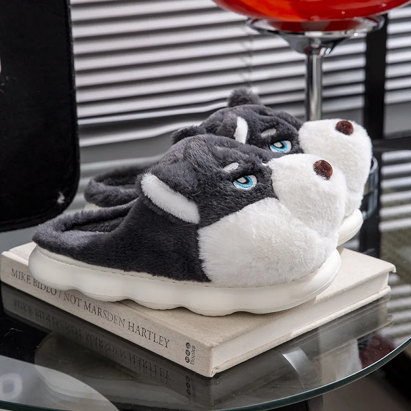 Women Indoor Cotton Slippers Cute Cartoon Dog Winter Warm Shoes Couples Home Floor Slides Anti-slip  Female Male House Footwear