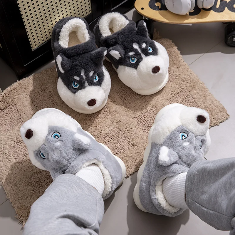 Women Indoor Cotton Slippers Cute Cartoon Dog Winter Warm Shoes Couples Home Floor Slides Anti-slip  Female Male House Footwear