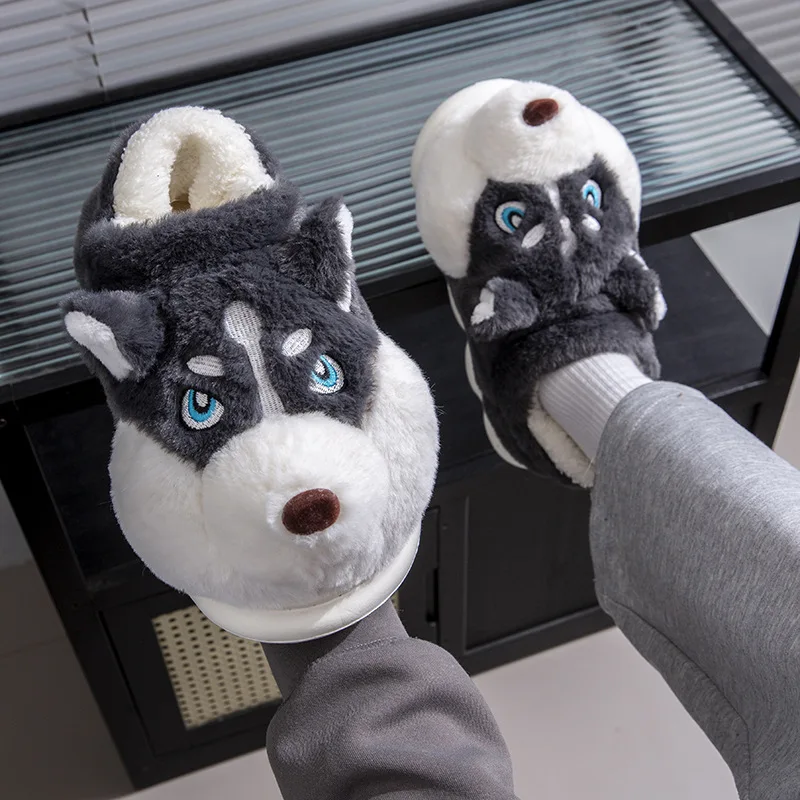 Women Indoor Cotton Slippers Cute Cartoon Dog Winter Warm Shoes Couples Home Floor Slides Anti-slip  Female Male House Footwear