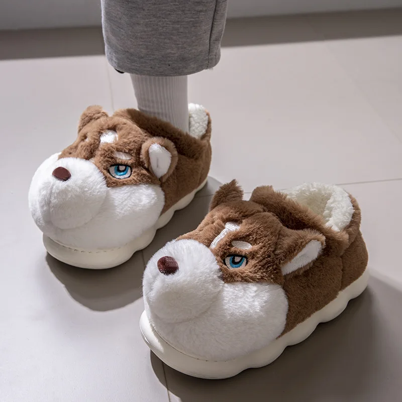 Women Indoor Cotton Slippers Cute Cartoon Dog Winter Warm Shoes Couples Home Floor Slides Anti-slip  Female Male House Footwear