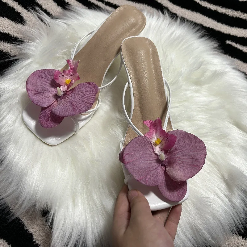 Orchid Flower Summer New High Heeled Women White Pink Blue Purple Floral Heels Square Toe Prom Slipper Slingback Shoes for Women