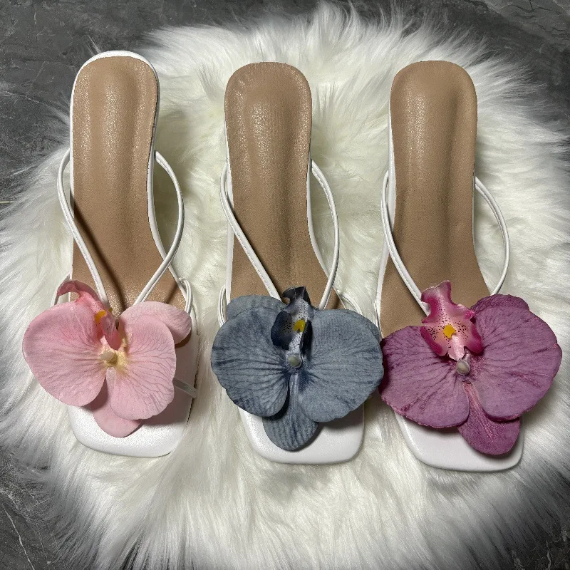 Orchid Flower Summer New High Heeled Women White Pink Blue Purple Floral Heels Square Toe Prom Slipper Slingback Shoes for Women