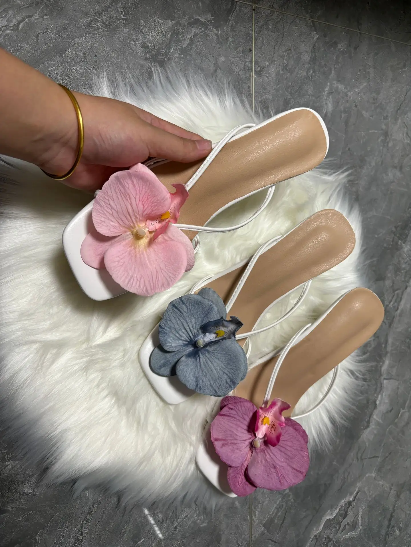 Orchid Flower Summer New High Heeled Women White Pink Blue Purple Floral Heels Square Toe Prom Slipper Slingback Shoes for Women