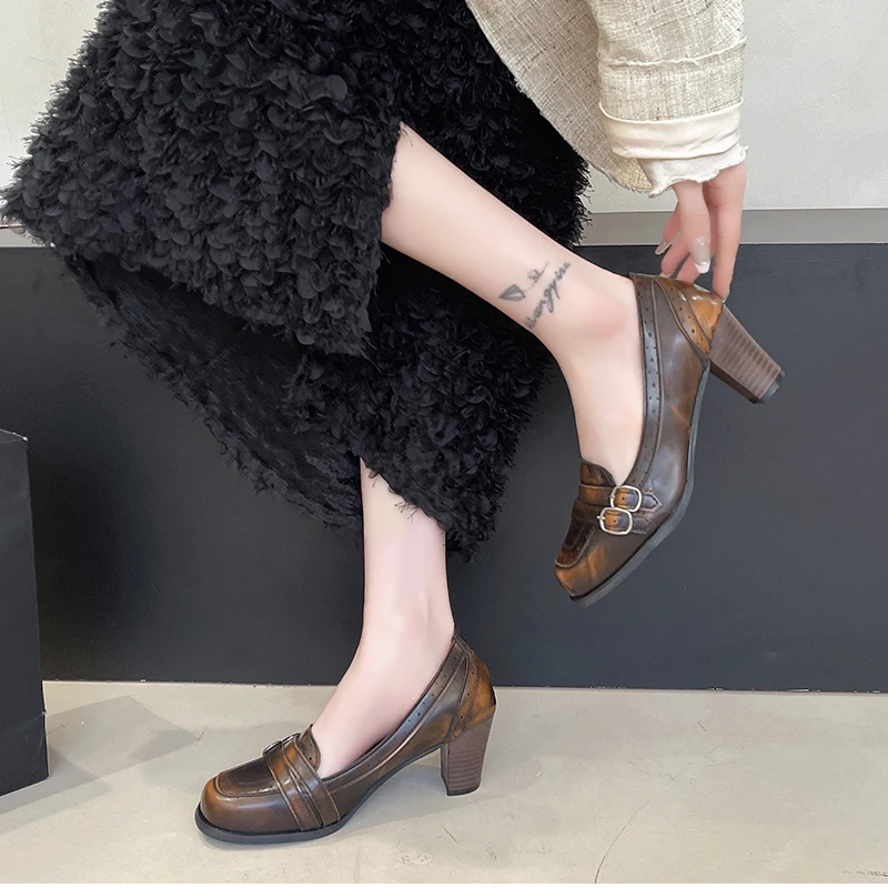 Vintage Thick Heel Women Mary Jane Shoes Ladies Concise Slip On Pumps Spring Autumn Women's Party Dress Shoes