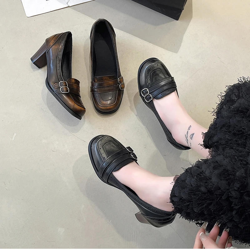 Vintage Thick Heel Women Mary Jane Shoes Ladies Concise Slip On Pumps Spring Autumn Women's Party Dress Shoes