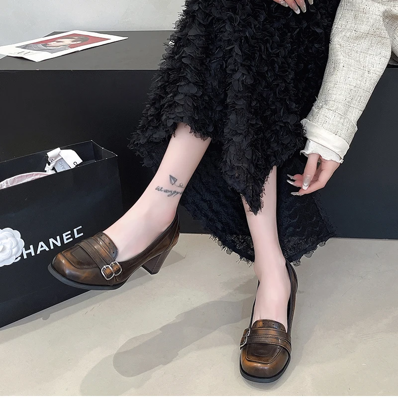 Vintage Thick Heel Women Mary Jane Shoes Ladies Concise Slip On Pumps Spring Autumn Women's Party Dress Shoes