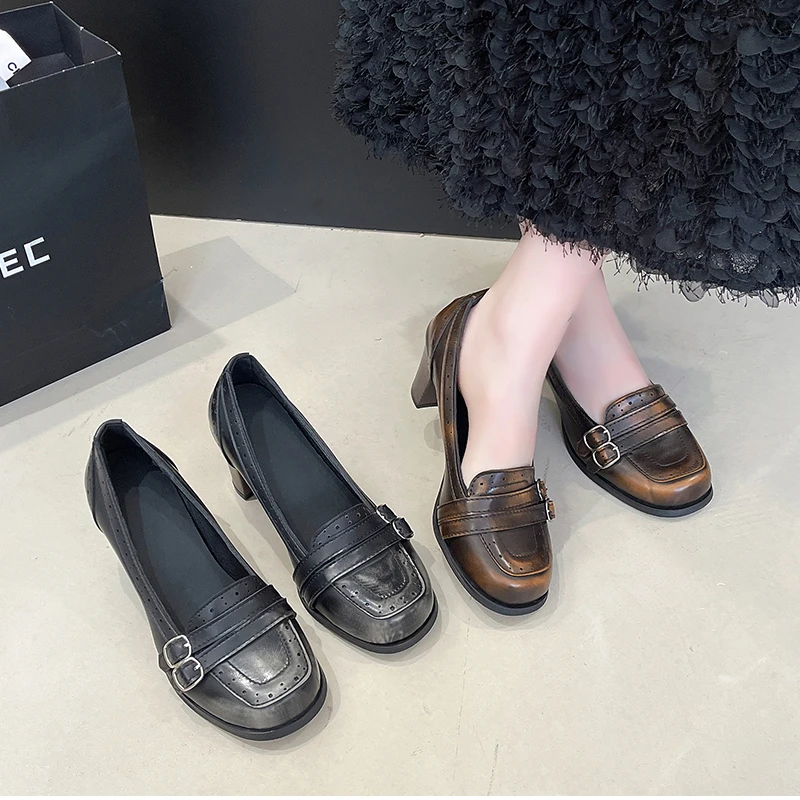 Vintage Thick Heel Women Mary Jane Shoes Ladies Concise Slip On Pumps Spring Autumn Women's Party Dress Shoes