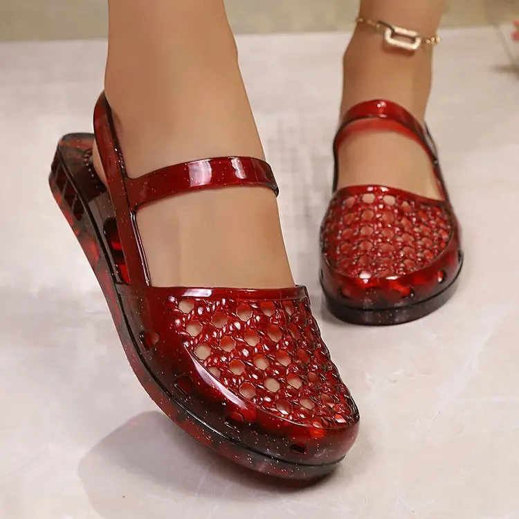 Women Hollow Jelly Sandals PVC Closed Toe Ankle Strap Flat Plastic Shoes Waterproof Non Slip Summer Beach Shower Casual Sandals