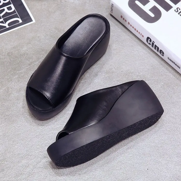 Fashion Women Elevated Wedge Slippers Peep Toe Platform Slip On Sandals Soft Leather Casual Summer Outdoor Mules