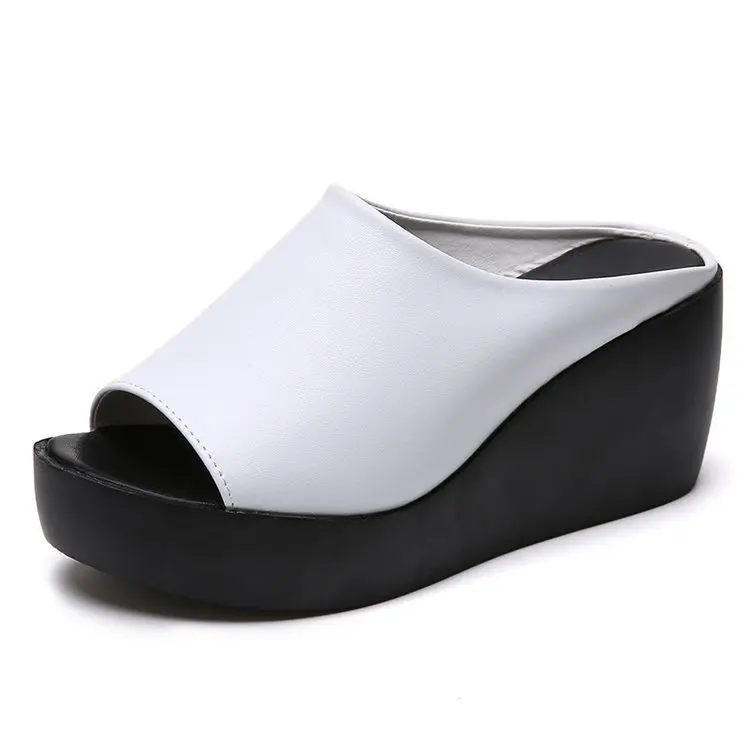 Fashion Women Elevated Wedge Slippers Peep Toe Platform Slip On Sandals Soft Leather Casual Summer Outdoor Mules