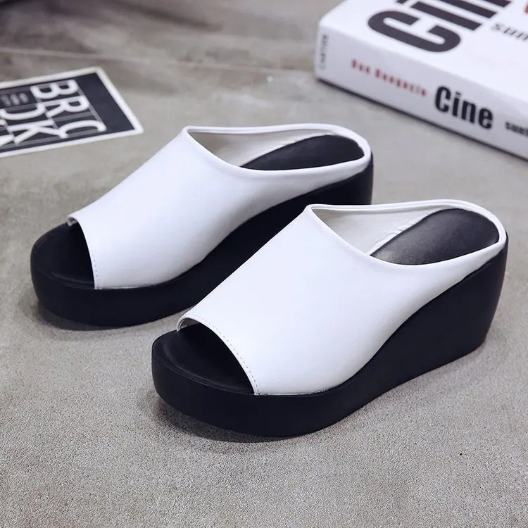 Fashion Women Elevated Wedge Slippers Peep Toe Platform Slip On Sandals Soft Leather Casual Summer Outdoor Mules