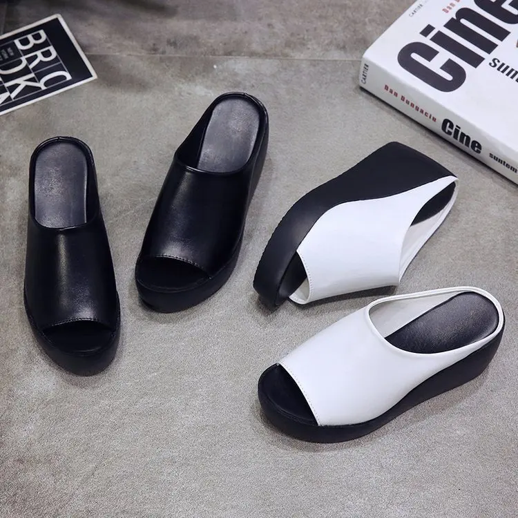 Fashion Women Elevated Wedge Slippers Peep Toe Platform Slip On Sandals Soft Leather Casual Summer Outdoor Mules