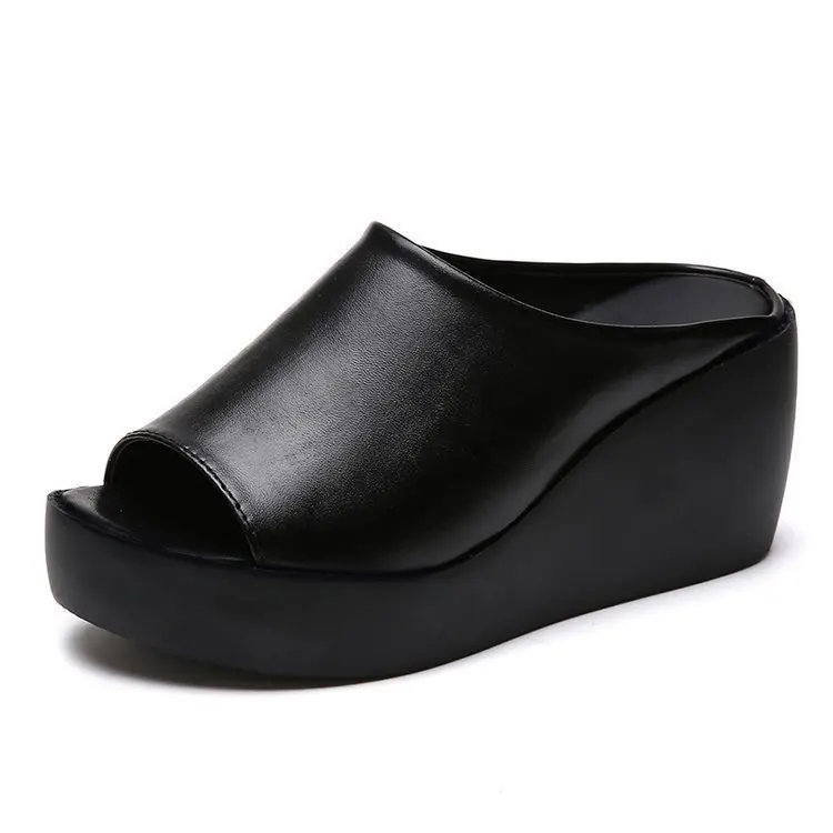 Fashion Women Elevated Wedge Slippers Peep Toe Platform Slip On Sandals Soft Leather Casual Summer Outdoor Mules