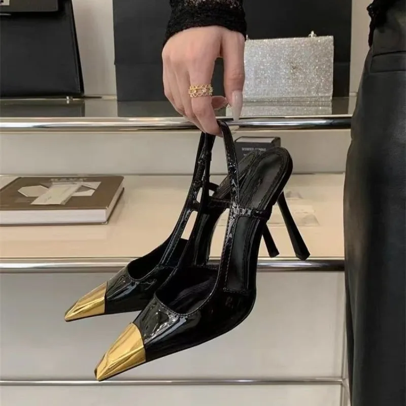 Metal Square Toe Stiletto High Heels Women's Autumn New Baotou Light Mouth Black Patent Leather Temperament Sandals