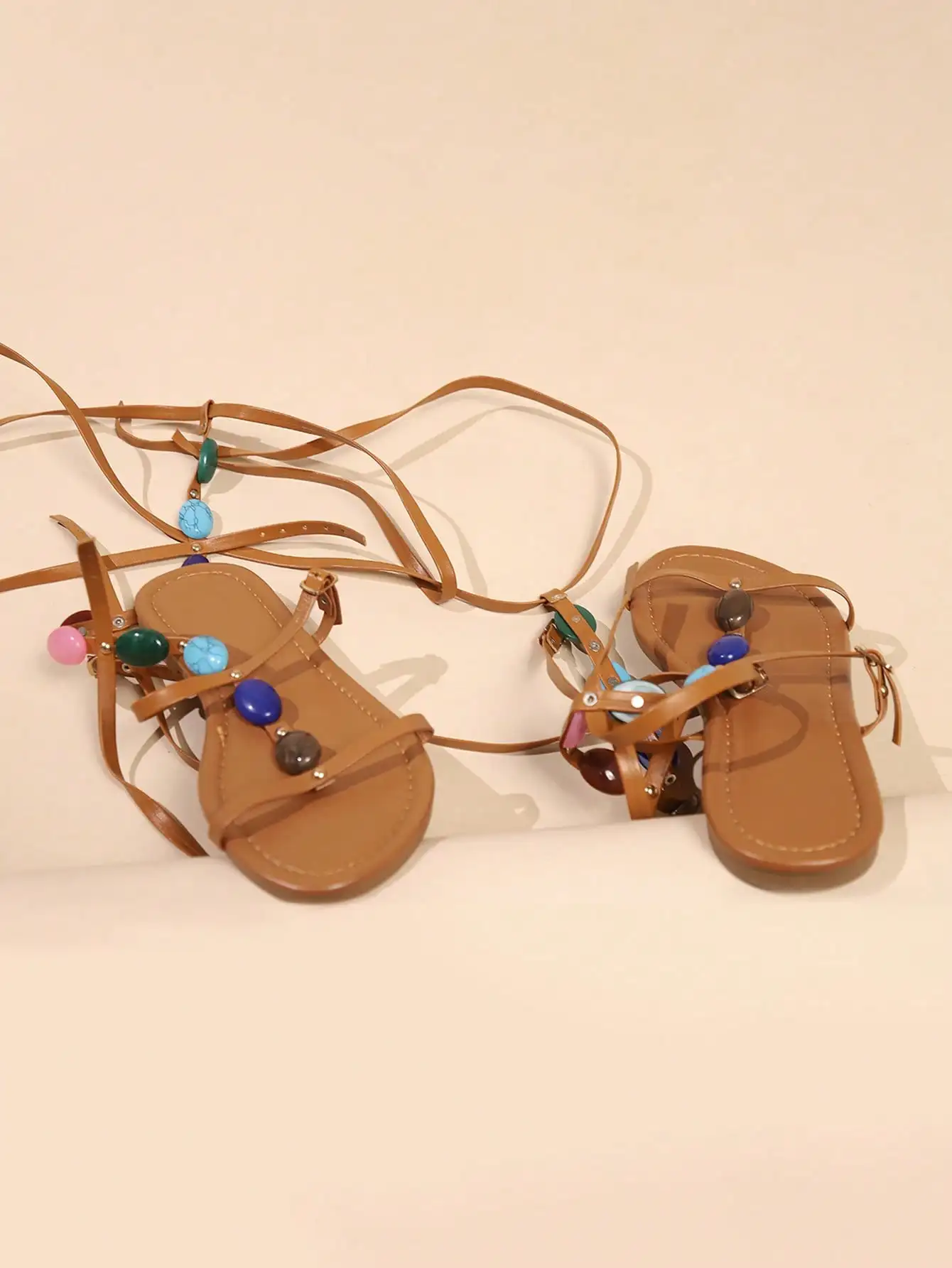 2026 Bohemian Beaded Flat Sandals Women Colorful Gemstone Ankle Strap Roman Style Beach Summer Shoes Comfortable Casual Large Si