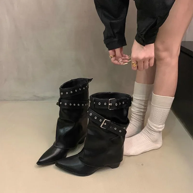 Vintage Thick Heel Pointed Toe Women Pipe Boots Fashion Belt Buckle Ladies Elegant Slip On Mordern Mid Calf Booties