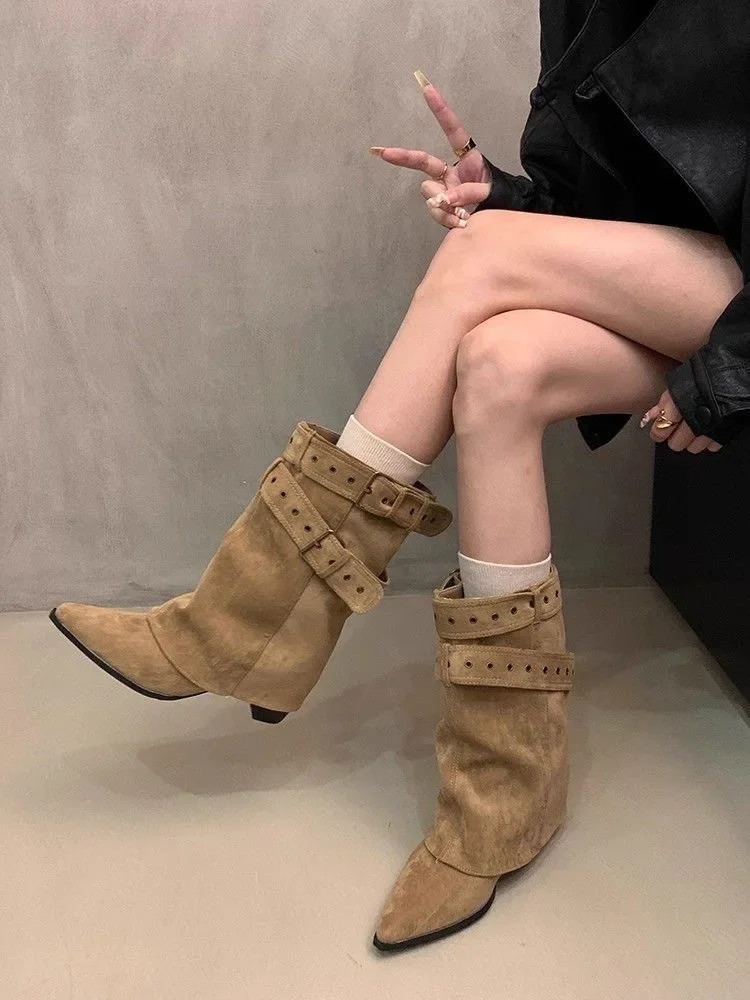 Vintage Thick Heel Pointed Toe Women Pipe Boots Fashion Belt Buckle Ladies Elegant Slip On Mordern Mid Calf Booties