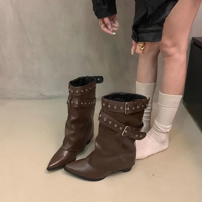 Vintage Thick Heel Pointed Toe Women Pipe Boots Fashion Belt Buckle Ladies Elegant Slip On Mordern Mid Calf Booties