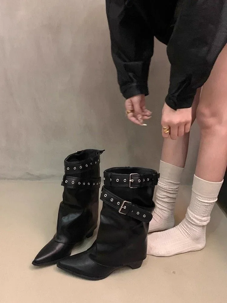 Vintage Thick Heel Pointed Toe Women Pipe Boots Fashion Belt Buckle Ladies Elegant Slip On Mordern Mid Calf Booties