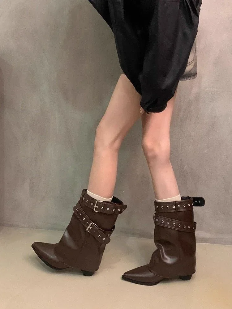 Vintage Thick Heel Pointed Toe Women Pipe Boots Fashion Belt Buckle Ladies Elegant Slip On Mordern Mid Calf Booties