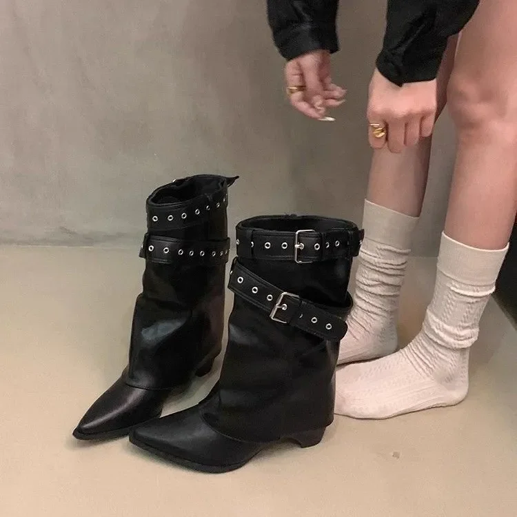 Vintage Thick Heel Pointed Toe Women Pipe Boots Fashion Belt Buckle Ladies Elegant Slip On Mordern Mid Calf Booties